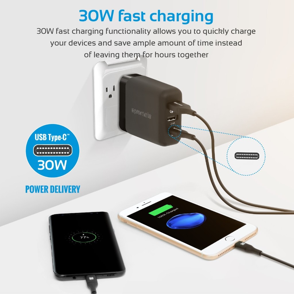 Promate USB Type-C Charger, Universal 30W USB Type-C Power Delivery Wall Charger with Qualcomm Quick Charger 3.0 USB Port, 2.4A USB Port and Multi-Regional Plug Charging Station for Smartphones, Tablets, PowerHub-QC.UNI