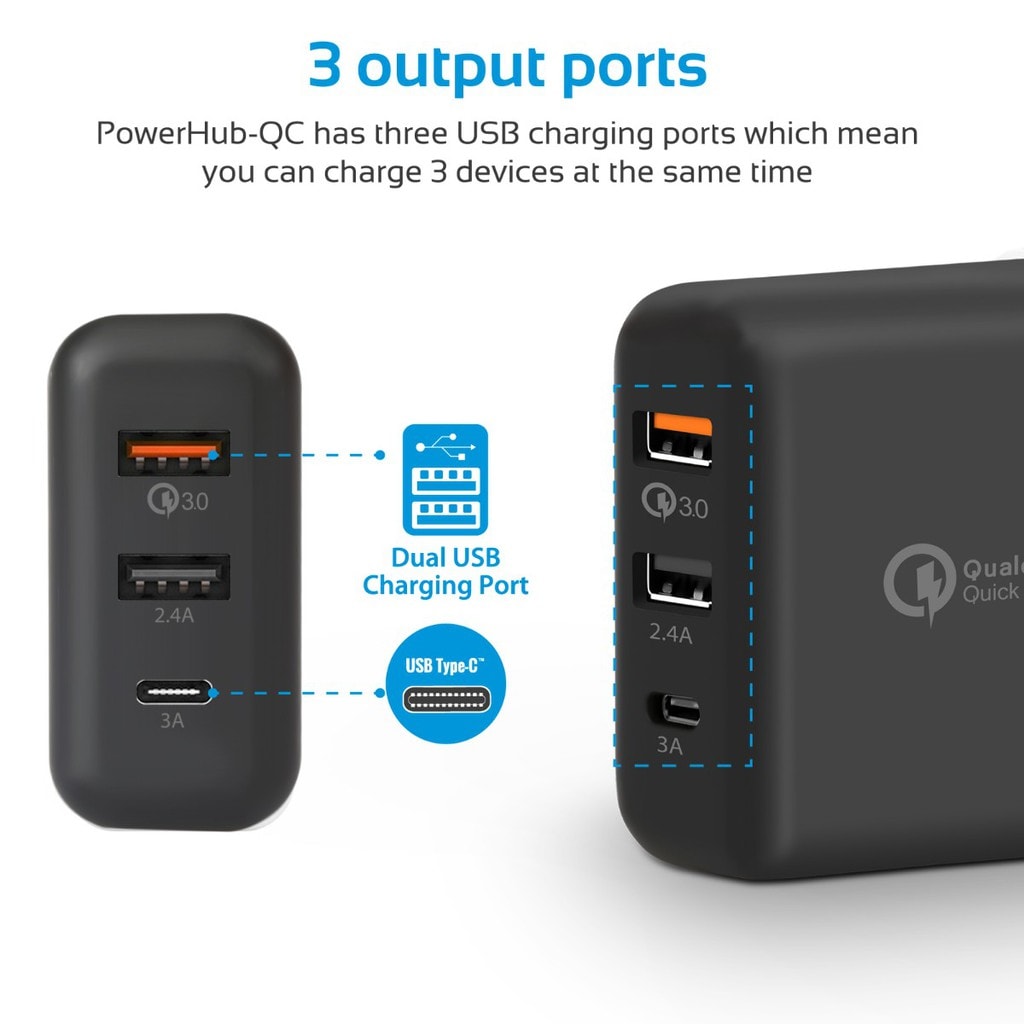 Promate USB Type-C Charger, Universal 30W USB Type-C Power Delivery Wall Charger with Qualcomm Quick Charger 3.0 USB Port and 2.4A USB Port for Smartphones, Tablets, PowerHub-QC.UK
