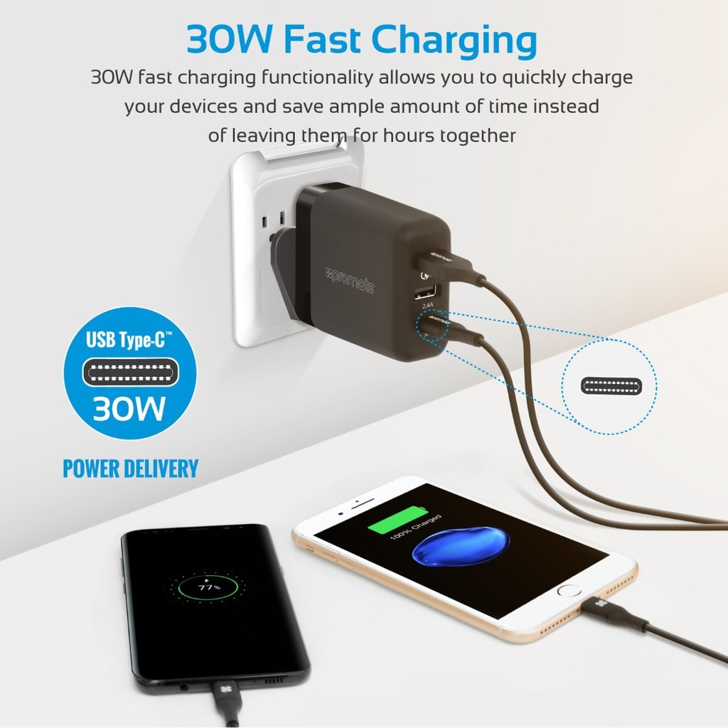 Promate USB Type-C Charger, Universal 30W USB Type-C Power Delivery Wall Charger with Qualcomm Quick Charger 3.0 USB Port and 2.4A USB Port for Smartphones, Tablets, PowerHub-QC.UK