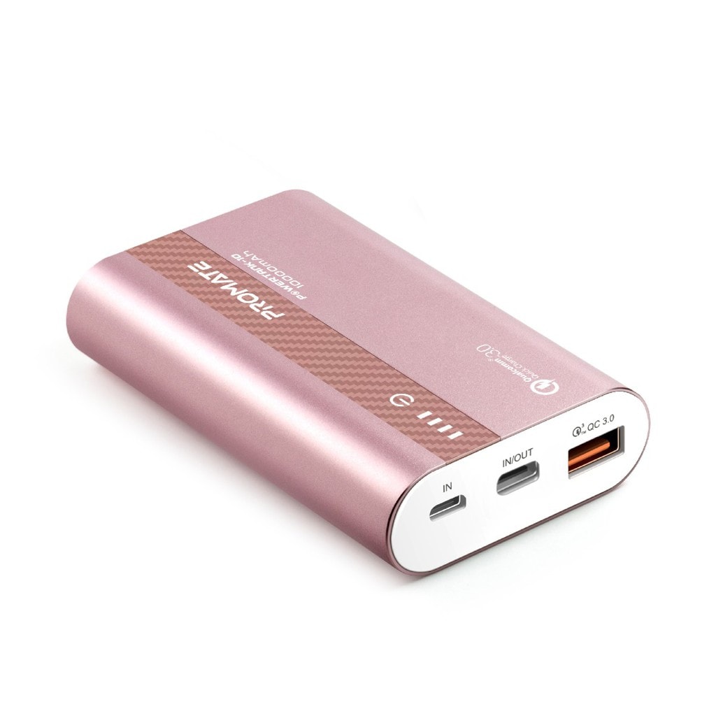 Promate 10000mAh USB-C Power Bank, Compact Palm Size 18W USB Type-C Input /Output Power Delivery External Battery Charger with QC 3.0 Port for iPhone XS /XS Max, Samsung S9/S9+, PowerTank-10 RoseGold