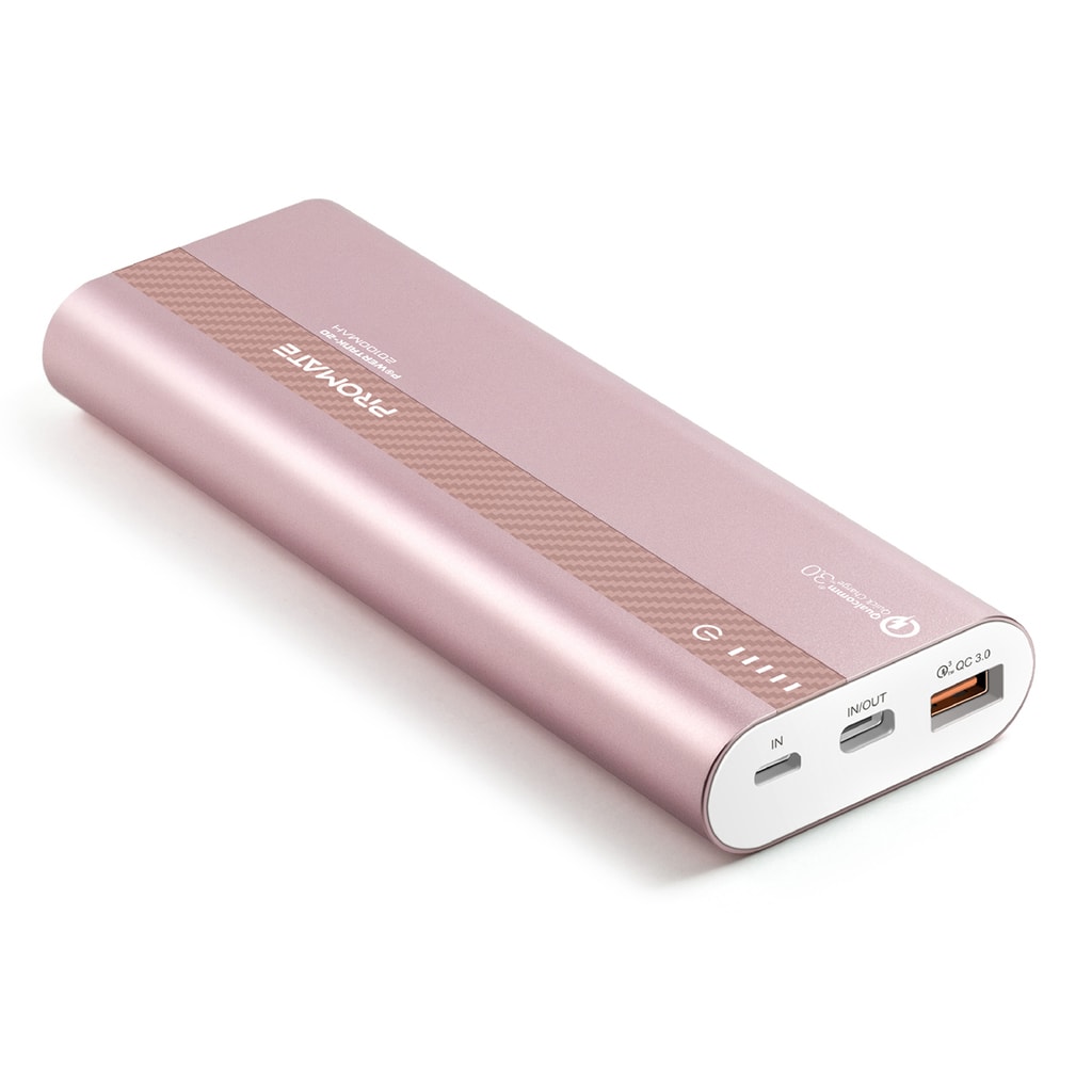 Promate Qualcomm QC3.0 Power Bank, Aluminium Portable 10000mAh USB Type-C Input /Output 18W Power Delivery Portable Charger with Over Charging Protection for iPhone XS /XS Max, Samsung S9+, iPad, PowerTank-20 Rosegold