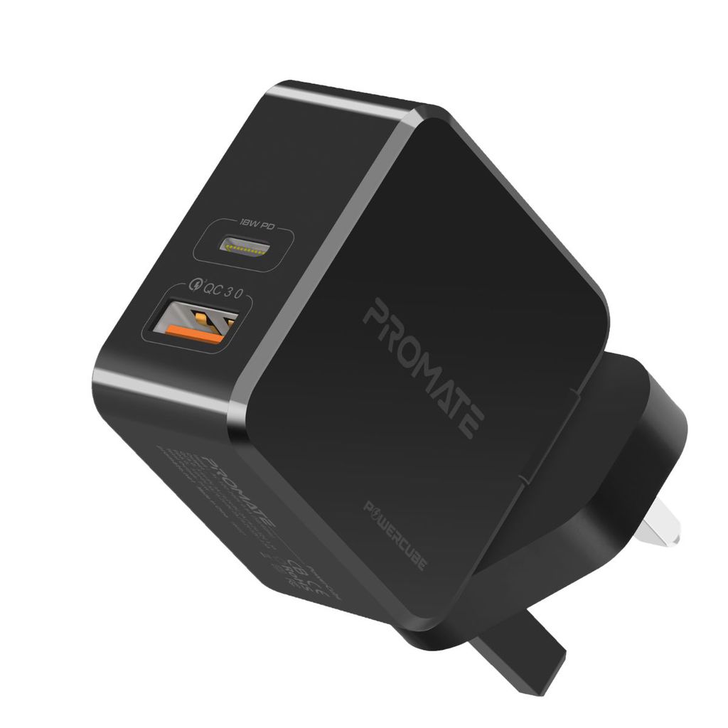 Promate USB-C Power Delivery Charger, 36W Fast Charging Dual Port Wall Charger with Type-C Power Delivery, Qualcomm Quick Charge 3.0 Port and Adaptive Charging for Travel, iPhone, iPad, Samsung, PowerCube Black-UK