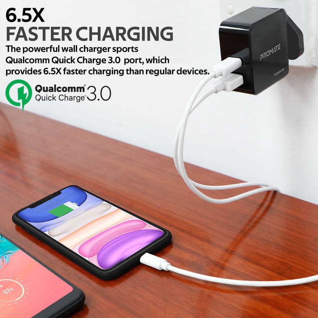 Promate USB-C Power Delivery Adapter, 18W High-Speed Type-C Power Delivery Wall Charger with Qualcomm Quick Charge 3.0 and Automatic Voltage Regulation for iPhone 11 Pro Max, 11, Samsung Note 10+, S10+, PowerCube-2 Black-UK