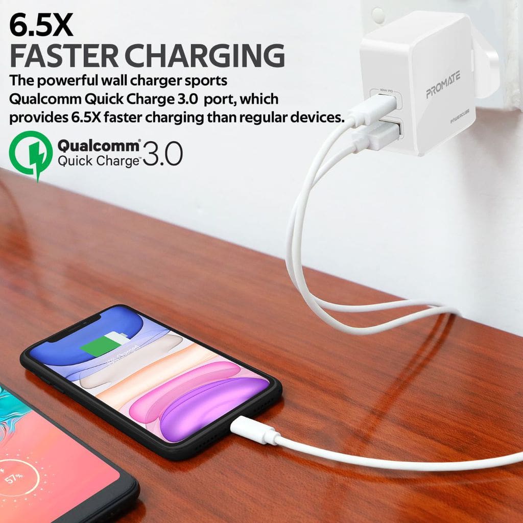 Promate USB-C Power Delivery Charger, 36W Fast Charging Dual Port Wall Charger with Type-C Power Delivery, Qualcomm Quick Charge 3.0 Port and Adaptive Charging for Travel, iPhone, iPad, Samsung, PowerCube White-UK