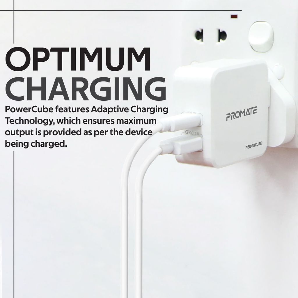 Promate USB-C Power Delivery Charger, 36W Fast Charging Dual Port Wall Charger with Type-C Power Delivery, Qualcomm Quick Charge 3.0 Port and Adaptive Charging for Travel, iPhone, iPad, Samsung, PowerCube White-UK