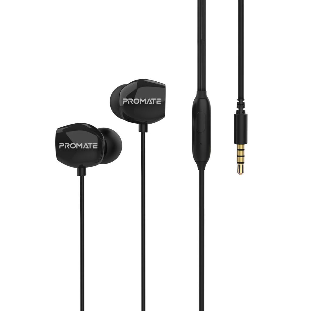 Promate Wired Earphones, Stereo Noise Isolating In-Ear Headphones with Soft Silicone Buds, 3.5mm Tangle Free Cord and Built-In Microphone for iPhone XS, XS Max, Samsung S10, S10+, iPad Pro, Presto.Black