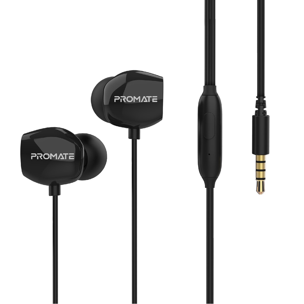 Promate Wired Earphones, Stereo Noise Isolating In-Ear Headphones with Soft Silicone Buds, 3.5mm Tangle Free Cord and Built-In Microphone for iPhone XS, XS Max, Samsung S10, S10+, iPad Pro, Presto.Black