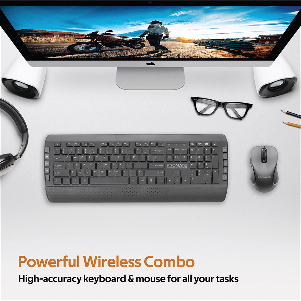 Promate Wireless Keyboard and Mouse, Ergonomic 2.4Ghz Keyboard and Mouse Combo with Palm Rest, Silent Keys, 1600Dpi Precision Tracking Mouse, Nano USB Receiver and Auto-Sleep Function for PC, Desktops, Windows, IOS, ProCombo-10 Arabic / English