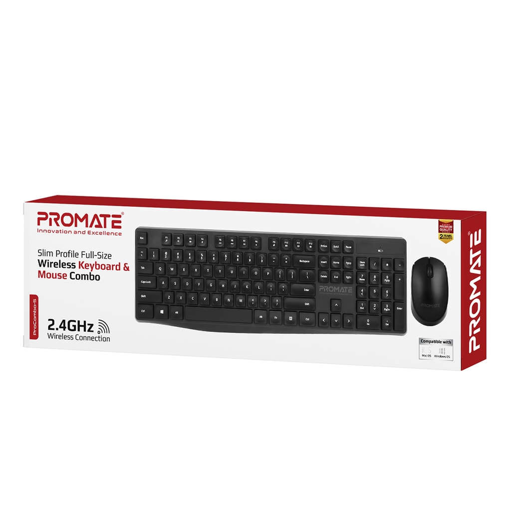 Promate Wireless Keyboard and Mouse Combo, Ergonomic Super-Slim 2.4GHz Keyboard and Mouse Set with Nano USB Receiver, 1200 DPI, and Auto Sleep for Windows, Mac OS, Laptop, PC, ProCombo-5 Arab/Eng