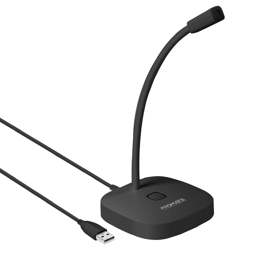 Promate USB Desktop Microphone, High Definition Omni-Directional USB Microphone with Flexible Gooseneck, Mute Touch Button, LED Indicator and Built-In Anti-Tangle Cord for PC, Laptop, Recording, Gaming, ProMic-1 Black