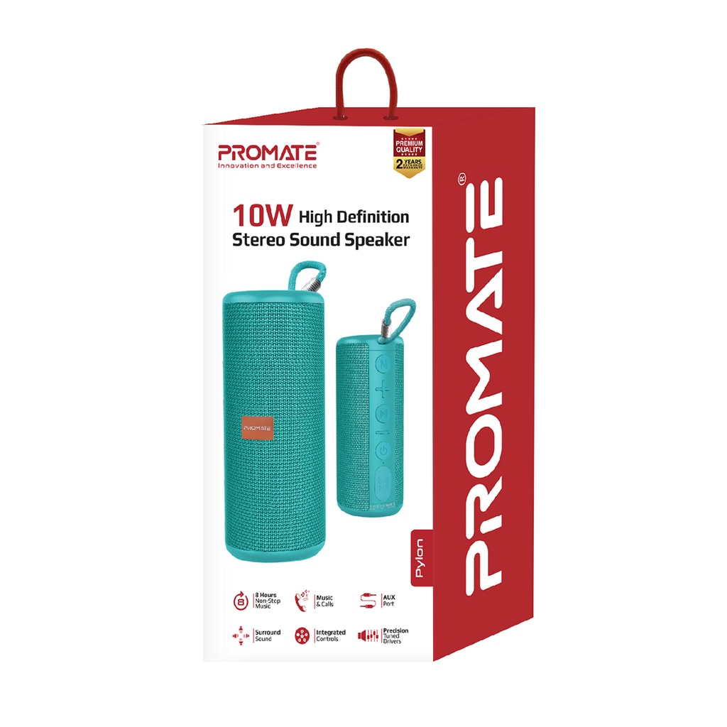 Promate Wireless Speaker, Premium 360 Degree Immersive Sound Bluetooth Speaker with 10W Loud HD Audio, Built-In Mic, 8H Long Playtime and AUX Port for All Bluetooth Enabled Devices, Pylon Turquoise