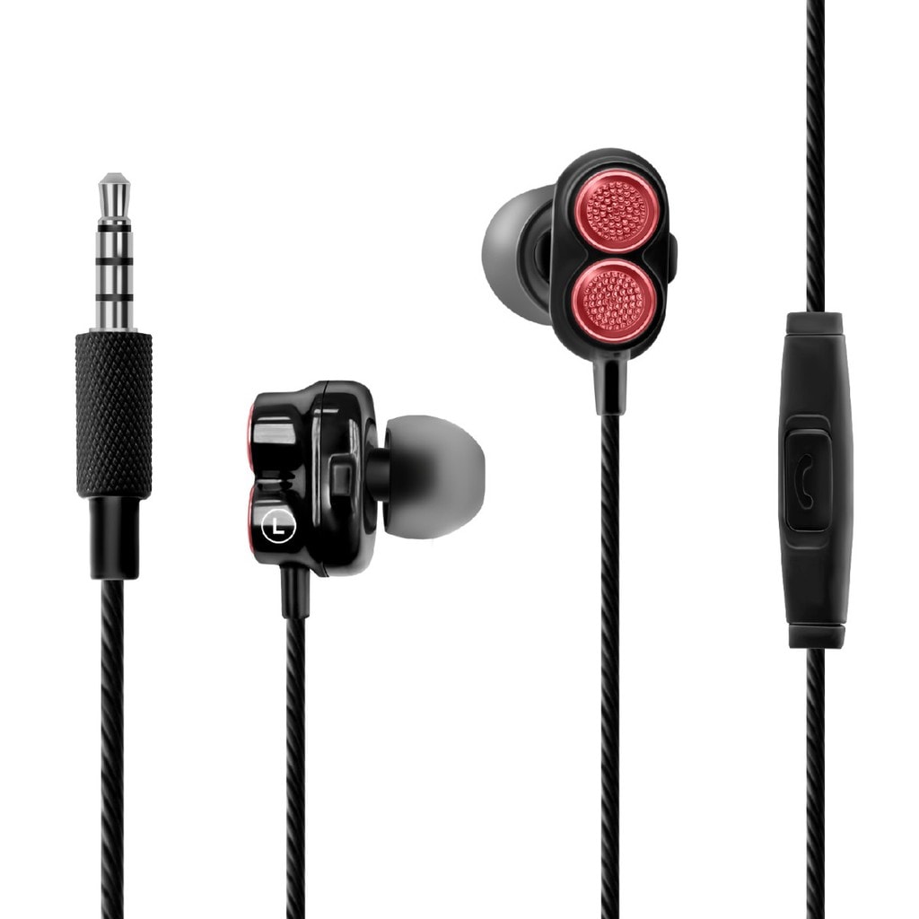 Promate In-Ear Earbuds, Dual Dynamic Driver Earphones with Dual Speakers, Built-In Mic, Deep Bass, Anti Tangle Cords and Noise Isolating HiFi Audio for Apple, Android, PC, Tablets, Laptops, Onyx Maroon