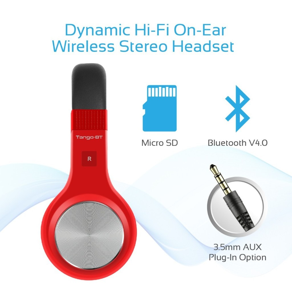 Promate Wireless Headphones, Foldable Bluetooth Stereo Adjustable Headset with Built-In TF Card slot, Microphones, Noise Cancelling and Wired Mode for All Bluetooth and Aux Enabled Devices, Tango-BT Red