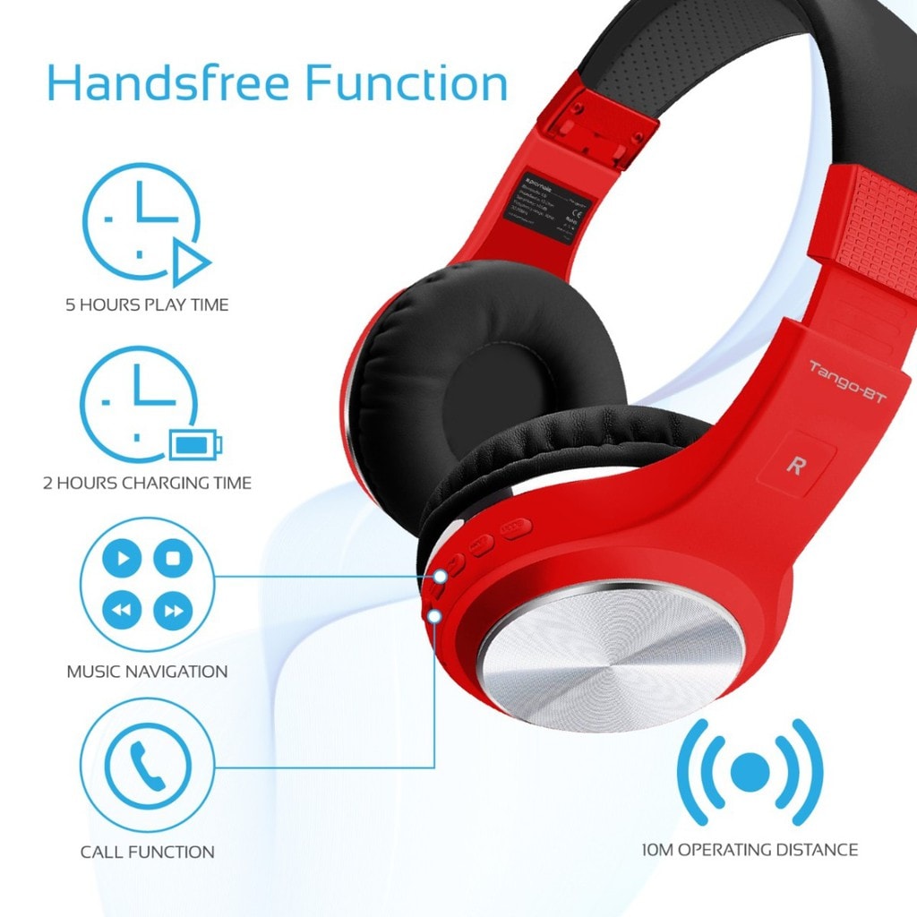 Promate Wireless Headphones, Foldable Bluetooth Stereo Adjustable Headset with Built-In TF Card slot, Microphones, Noise Cancelling and Wired Mode for All Bluetooth and Aux Enabled Devices, Tango-BT Red