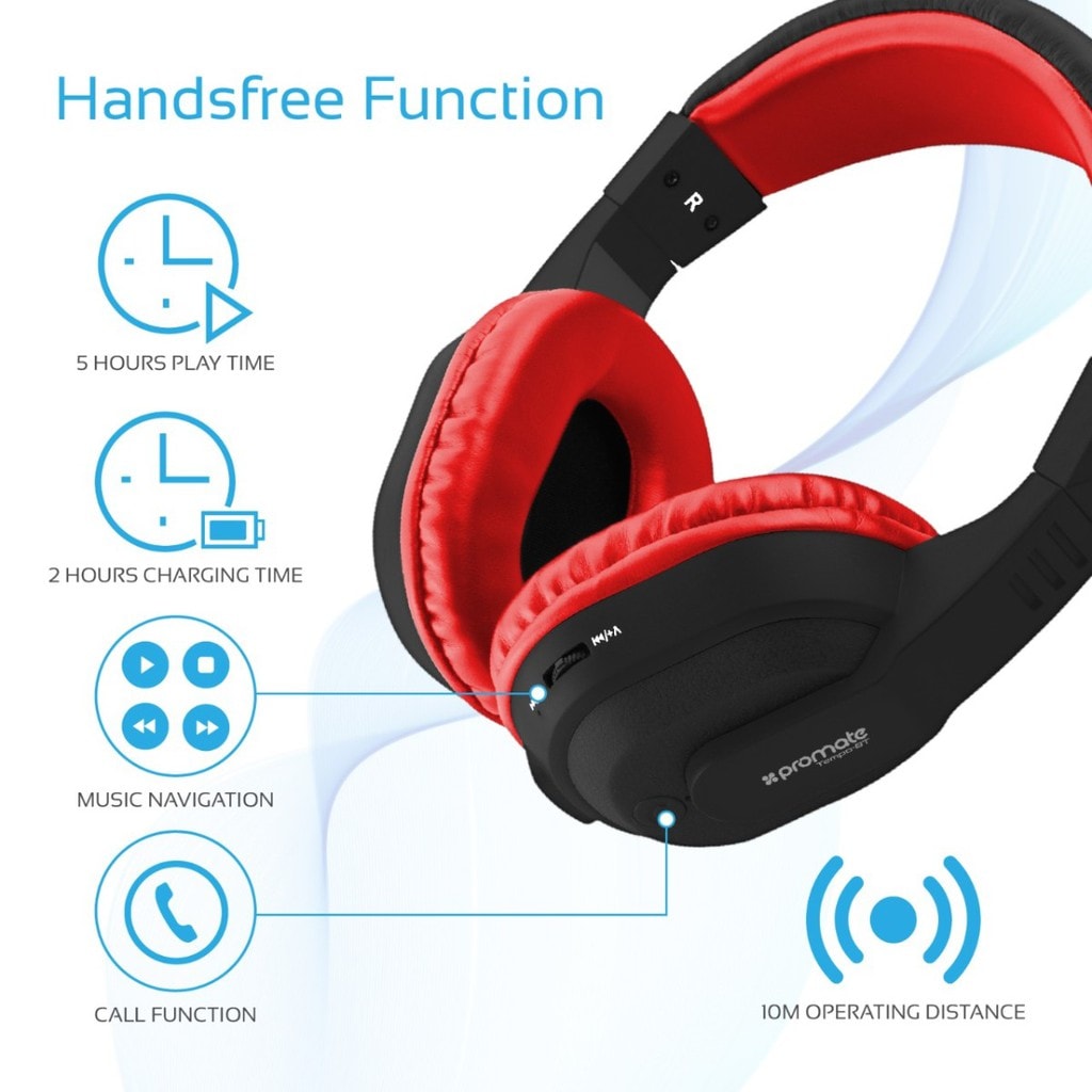 Promate Wireless Headphones, 2-in-1 Wireless and Wired Bluetooth Headset with Microphone, Hi-Fi Sound, Soft Memory Earmuffs, Aux Cable and Noise cancellation for Smartphones, PC, TV, Tempo-BT Red