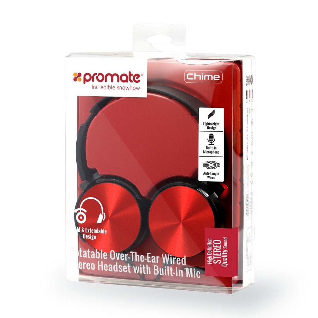 Promate Headphone, Premium Over-Ear Headset with Rotatable Ear-Cups, Built-in Microphone, HD Sound, 3.5mm Audio Jack and Anti-Tangle Wires for Smartphones, Tablets, Mp3, Laptops, Chime Red