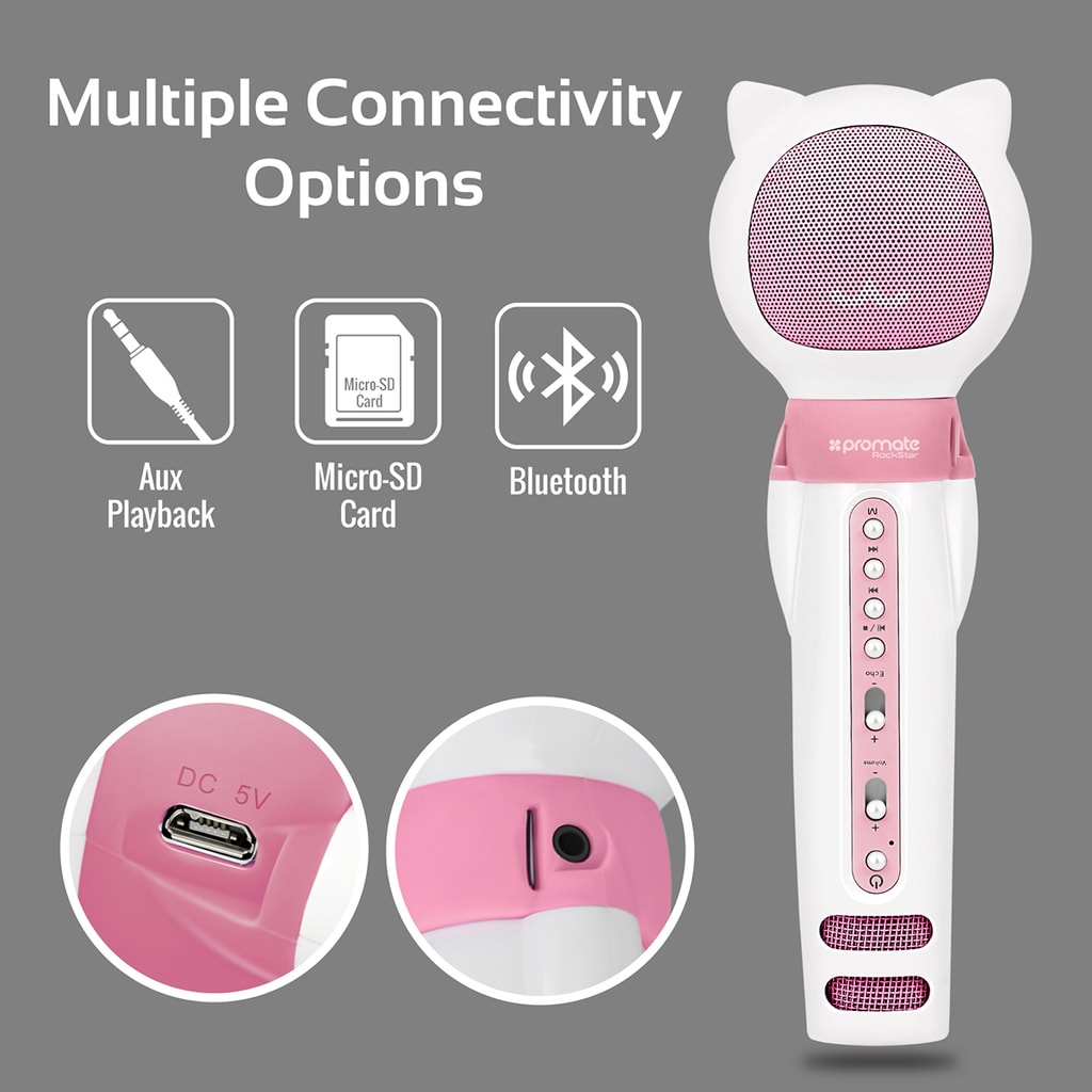 Promate Kids Karaoke Microphone, Portable Wireless Microphone Karaoke with Bluetooth V4.2 Speakers, Echo Effect, Volume Control, AUX Port and Micro SD Card Slot for Smartphones, KTV Party, RockStar Pink