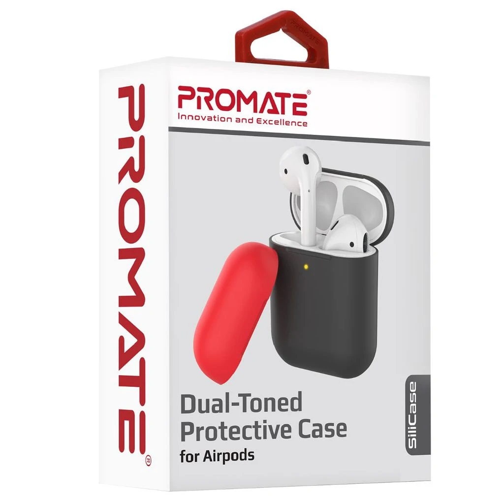 Promate AirPods Silicone Case, Slim-Fit Two-Tone Shockproof Protective Wireless Charging AirPods Cover with Dual-Lid, Scratch Resistance and Anti-Slip Case for Apple AirPods and AirPods 2, SiliCase Black