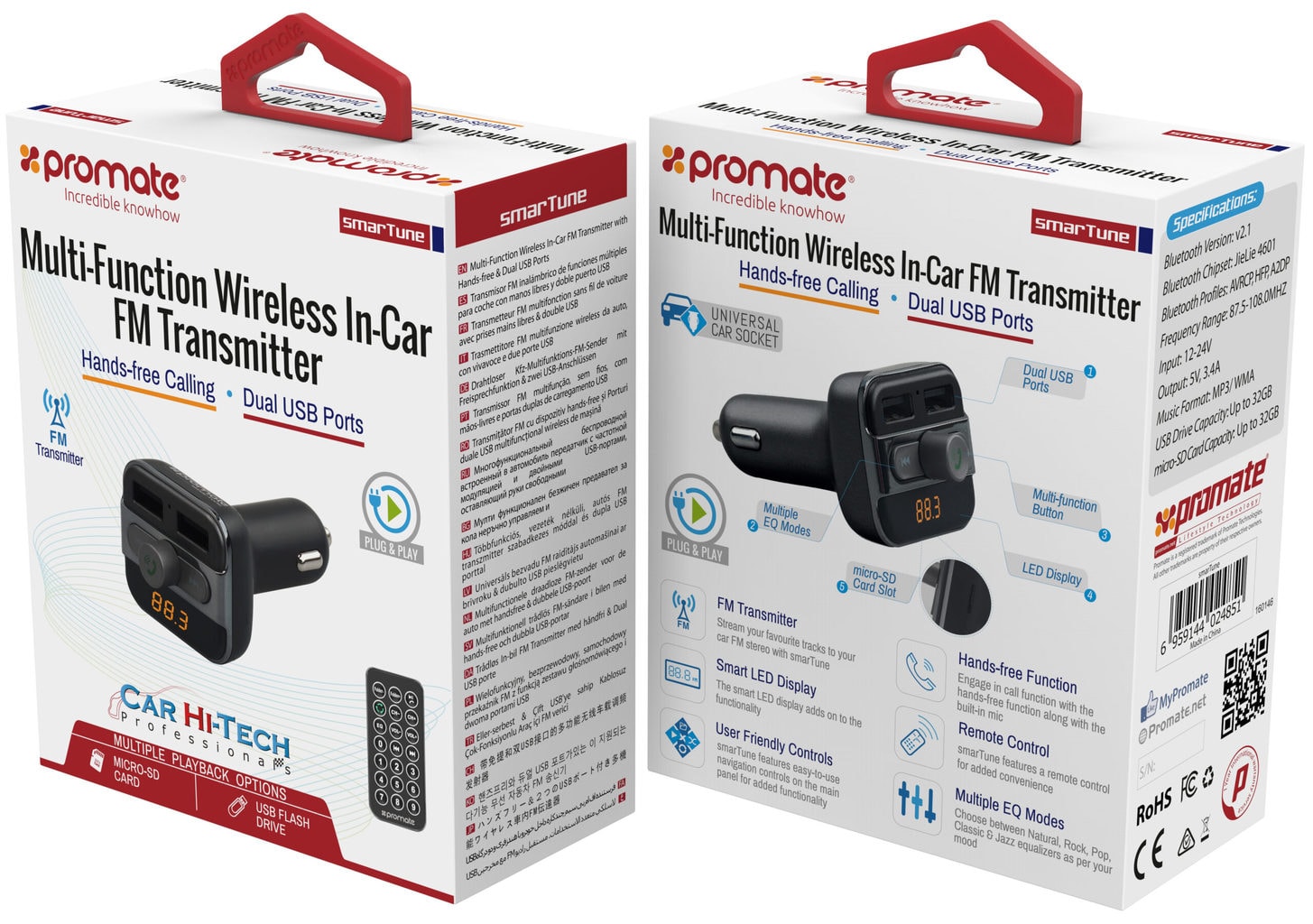 Promate Bluetooth FM Transmitter Car Kit Wireless Car Kit with USB 5V 3.4A USB  Car Charger Adapter- SmarTune - Buy Online at Best Price in UAE - Qonooz