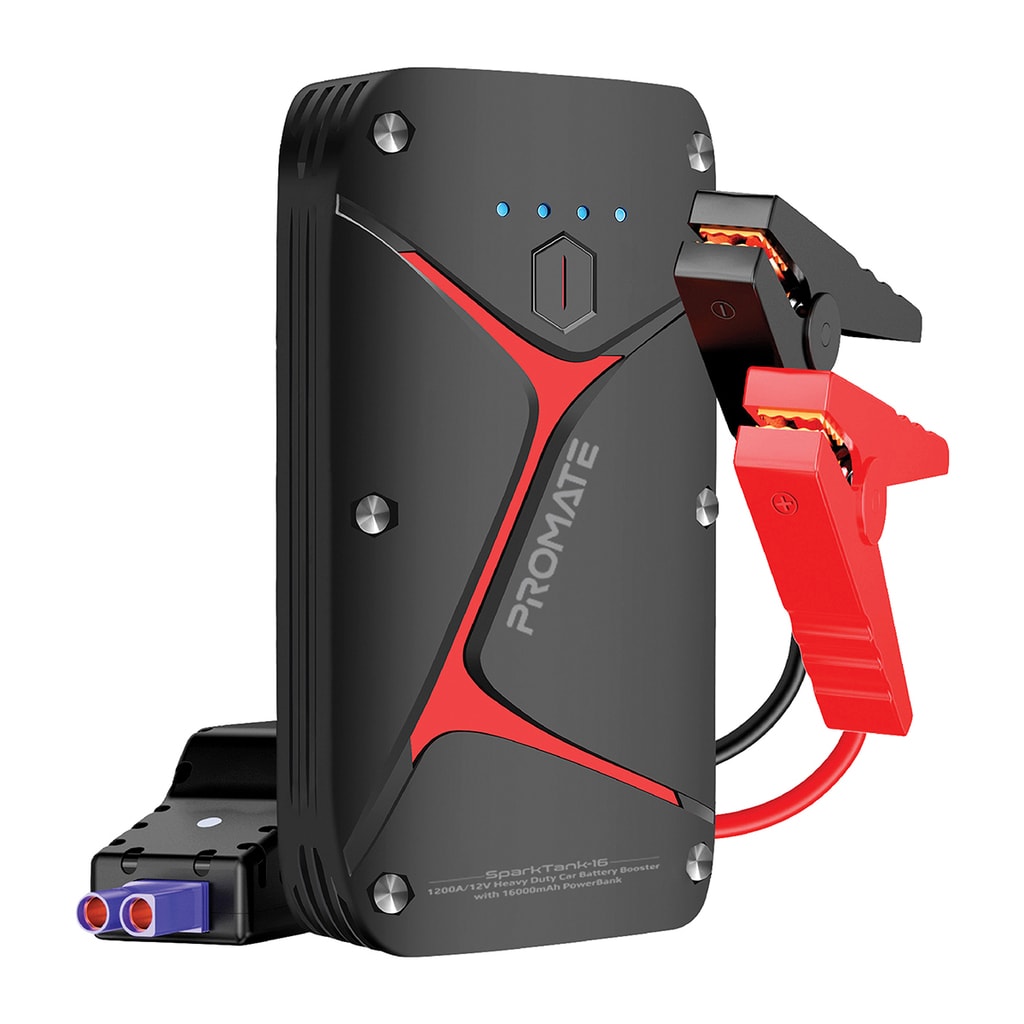 Promate Car Jump Starter Power Bank, IP67 Water Resistant Portable Car Battery Booster with 16000mAh Power Bank, Dual USB Port, LED Light, Smart Clamp, Micro USB and USC-C Input Port, SparkTank-16