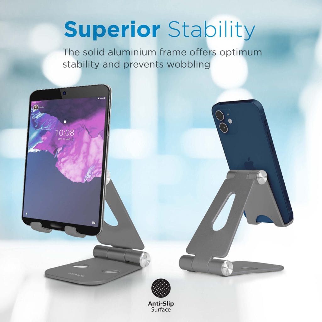 Promate Tablet Stand, Aluminum Desk Tablet/Phone Holder with Multi-Angle View, Anti-Slip Silicone Pad and Foldable Design for iPad Pro, iPhone 12 Pro, 11, Galaxy S21, Nintendo Switch, TabView Grey
