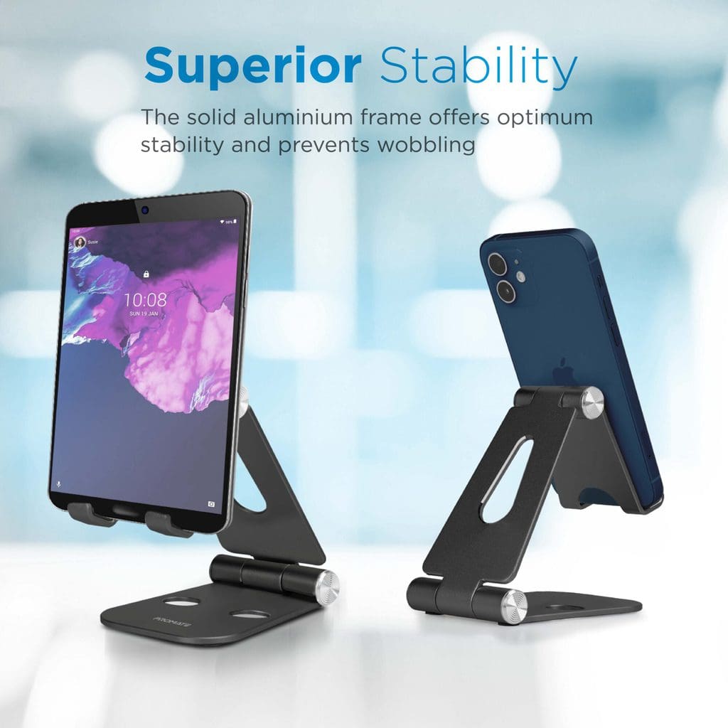 Promate Tablet Stand, Aluminum Desk Tablet/Phone Holder with Multi-Angle View, Anti-Slip Silicone Pad and Foldable Design for iPad Pro, iPhone 12 Pro, 11, Galaxy S21, Nintendo Switch, TabView Black