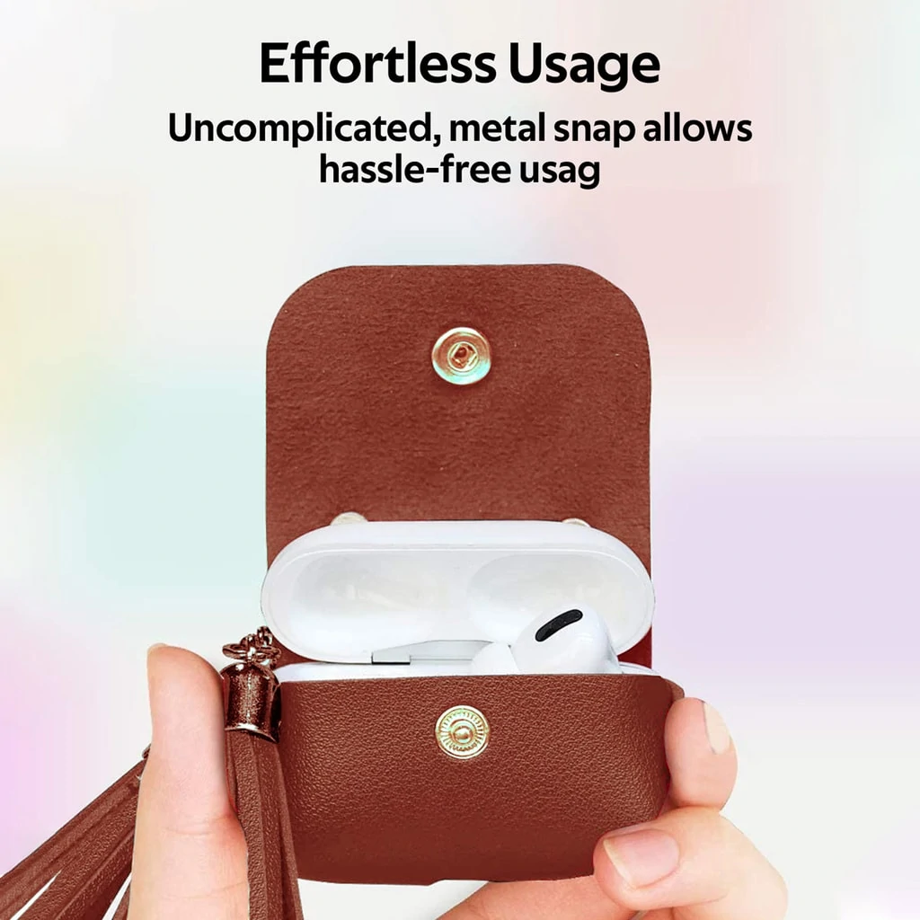 Promate AirPods Pro Case, Ultra-Slim Protective Soft Designer Faux Leather Cover with Wireless Charging Compatible, Shockproof and Keychain Hook for Apple AirPods Pro, Women, Tassel-Pro Brown