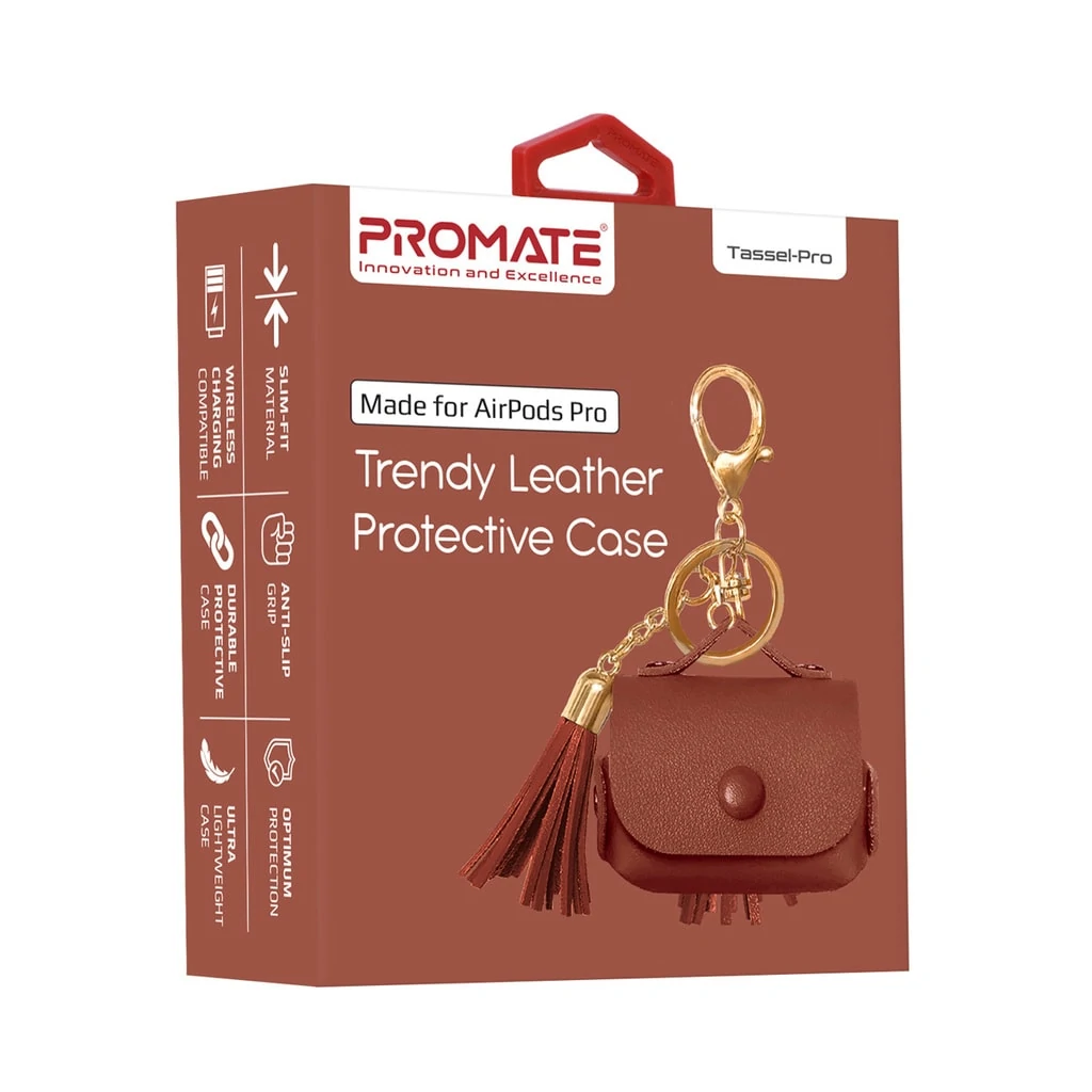 Promate AirPods Pro Case, Ultra-Slim Protective Soft Designer Faux Leather Cover with Wireless Charging Compatible, Shockproof and Keychain Hook for Apple AirPods Pro, Women, Tassel-Pro Brown