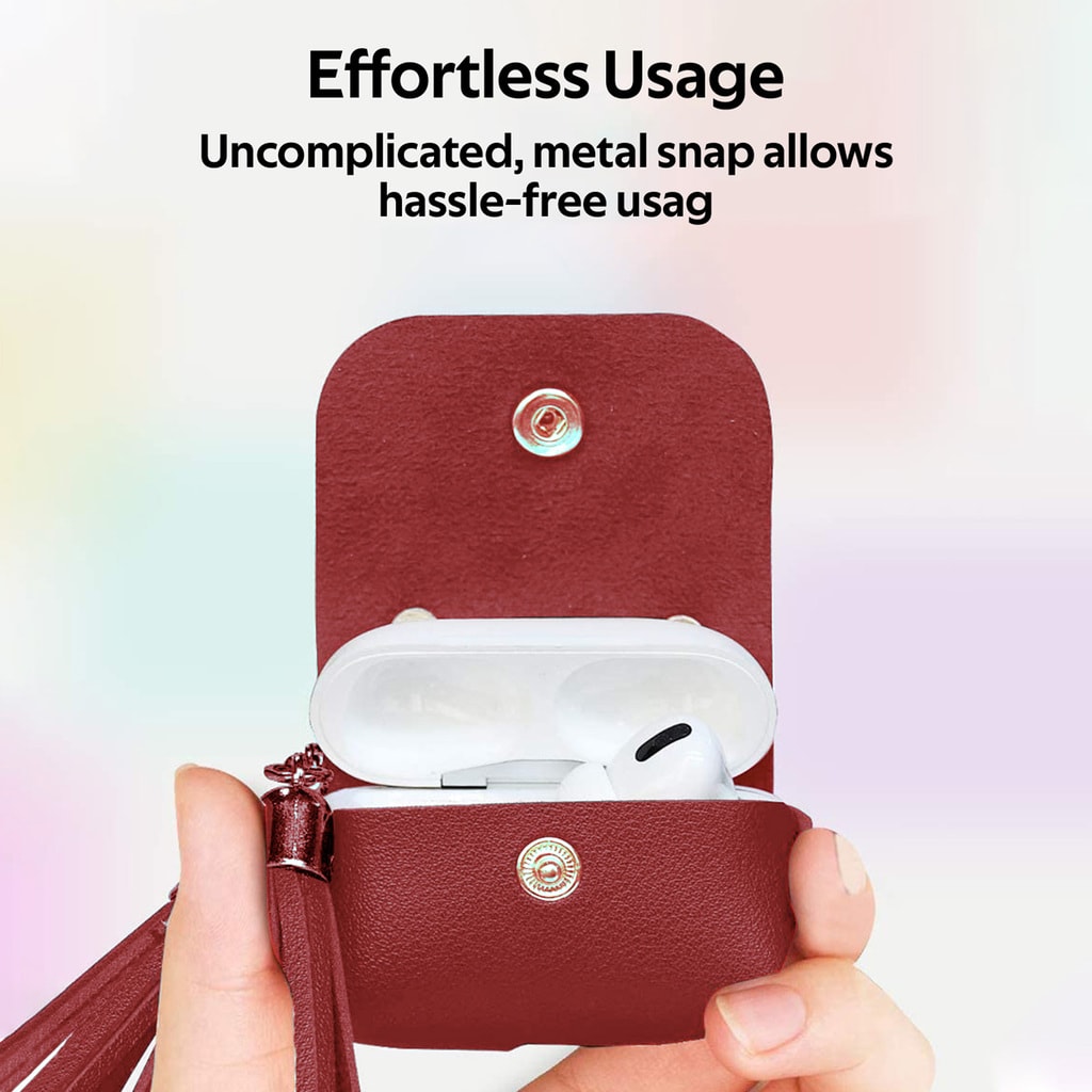 Promate AirPods Pro Case, Ultra-Slim Protective Soft Designer Faux Leather Cover with Wireless Charging Compatible, Shockproof and Keychain Hook for Apple AirPods Pro, Women, Tassel-Pro Maroon