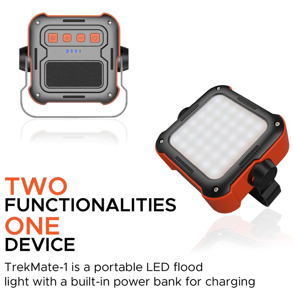 Promate Outdoor LED Flood Light, Rechargeable IP54 Dust and Water-Resistant 1000 Lumen LED Light with 10,000mAh Built-In Power Bank and USB Charging Port Emergency, Hiking, Camping, TrekMate-1