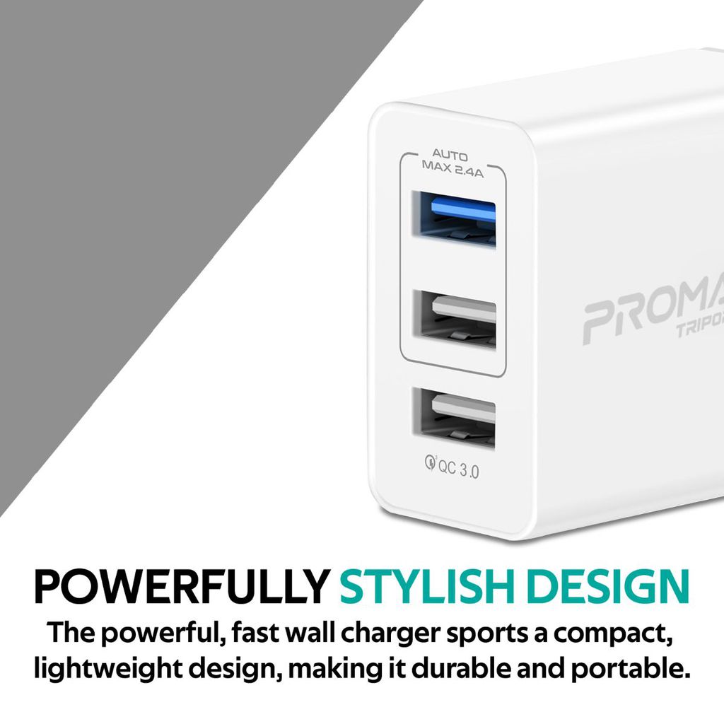 Promate Quick Charger 3.0 USB Wall Charger, Heavy Duty 3 Port 30W Wall Adapter with Fast Charge Qualcomm QC 3.0 Port, 2.4A Dual USB Port and Automatic Voltage Regulation for Smartphones, Tablets, TriPort-QC White-UK