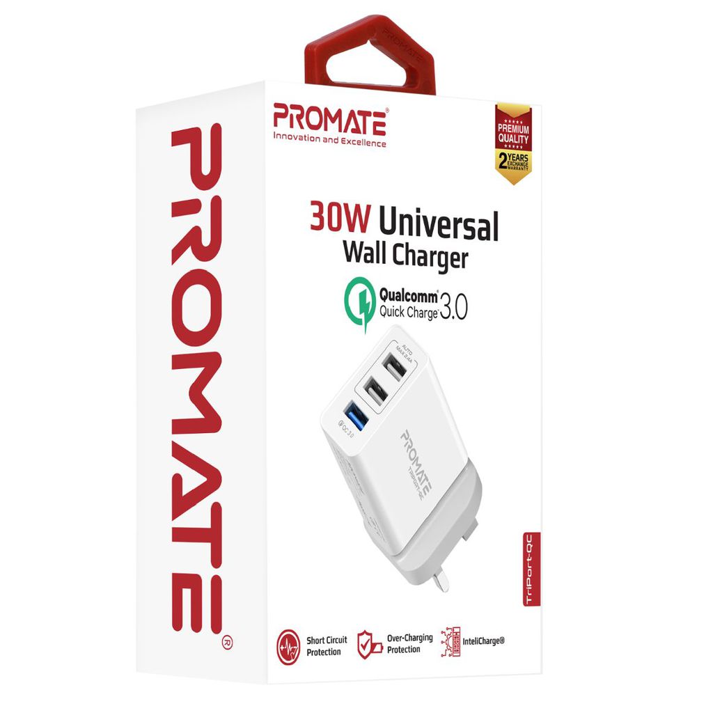Promate Quick Charger 3.0 USB Wall Charger, Heavy Duty 3 Port 30W Wall Adapter with Fast Charge Qualcomm QC 3.0 Port, 2.4A Dual USB Port and Automatic Voltage Regulation for Smartphones, Tablets, TriPort-QC White-UK