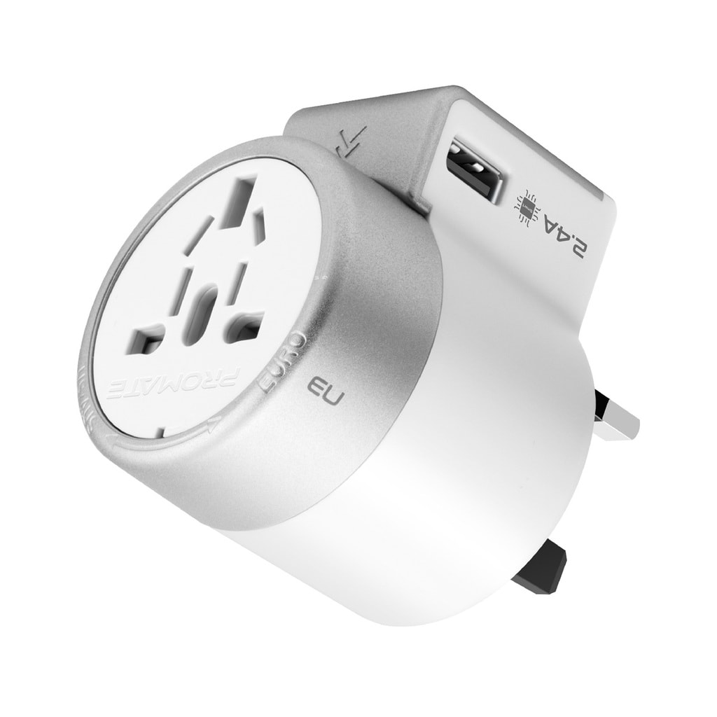 Promate Universal Travel Adapter, All-In-One International Twist Design Power Adapter with 2.4A 12W Dual USB Charging Port and Worldwide AC Wall Outlet Adapter for UK, EU, AU, US, Smartphones, Laptops, Tablets, Twist White