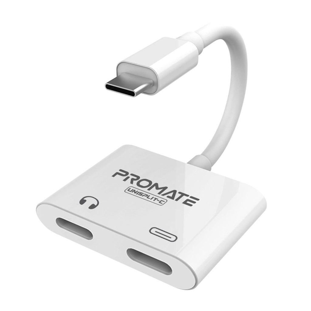 Promate USB C Headphone and Charge Splitter, 2 in 1 USB Type C to USB C HD Sound Audio Input and 15W Power Delivery Charging Converter Adapter Google Pixel 3/3 XL, Huawei Mate 20 Pro, UniSplit-C