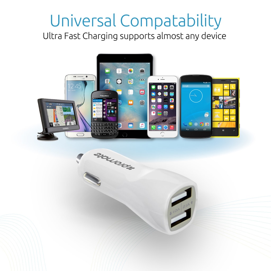 Promate Vivid 3100 mAh Dual USB Car Charger for Mobile Phones - White