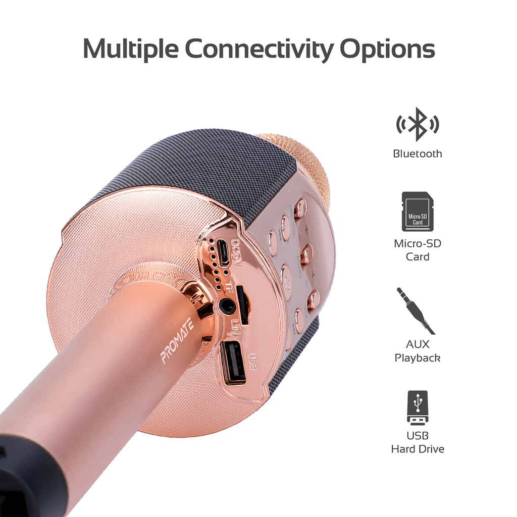 Promate Karaoke Microphone, 3-In-1 Wireless Microphone with Built-In 2200mAh Battery, Bluetooth Speaker, Cell Phone Holder, LED Light, Eco and Effects Function with USB Port, TF Card Slot, Audio Jack for Smartphones, Tablets, KTV, VocalMic-4 Rose Gold