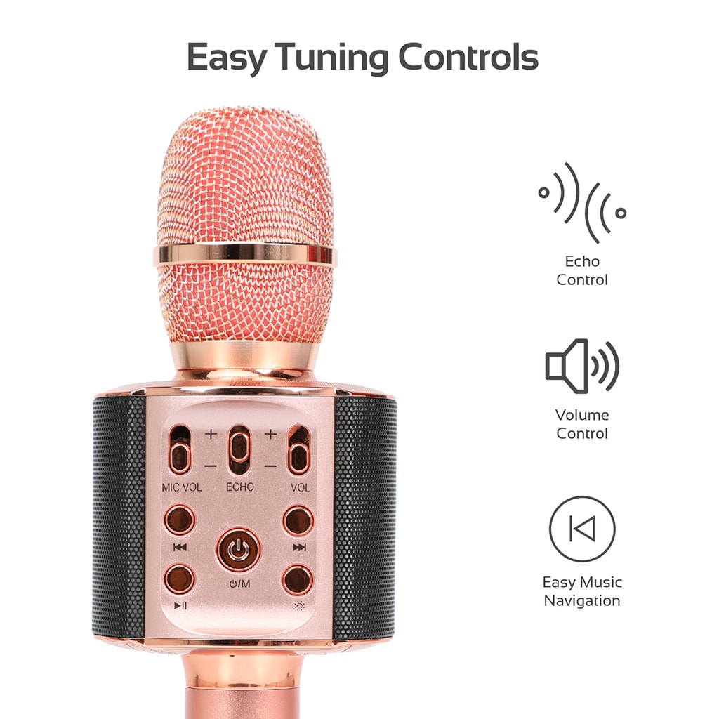 Promate Karaoke Microphone, 3-In-1 Wireless Microphone with Built-In 2200mAh Battery, Bluetooth Speaker, Cell Phone Holder, LED Light, Eco and Effects Function with USB Port, TF Card Slot, Audio Jack for Smartphones, Tablets, KTV, VocalMic-4 Rose Gold