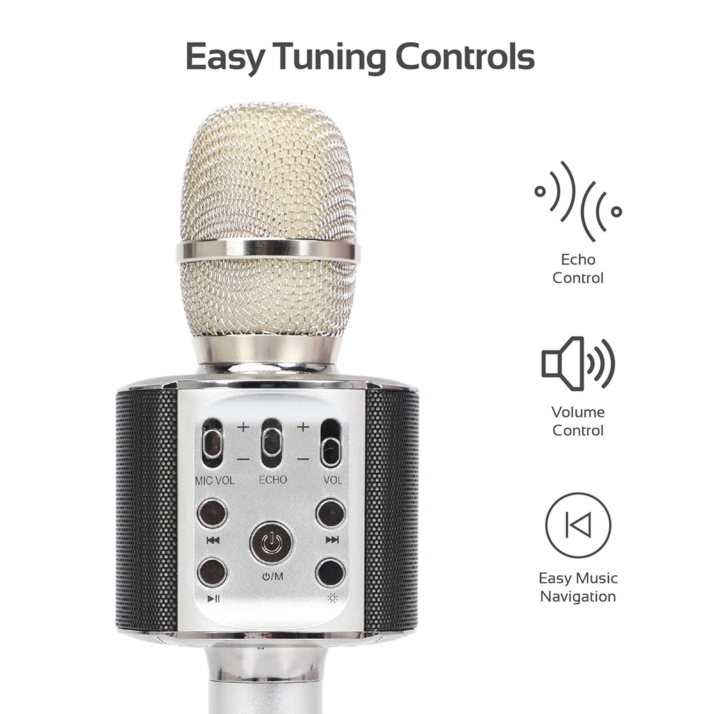 Promate Karaoke Microphone, 3-In-1 Wireless Microphone with Built-In 2200mAh Battery, Bluetooth Speaker, Cell Phone Holder, LED Light, Eco and Effects Function with USB Port, TF Card Slot, Audio Jack for Smartphones, Tablets, KTV, VocalMic-4 Silver