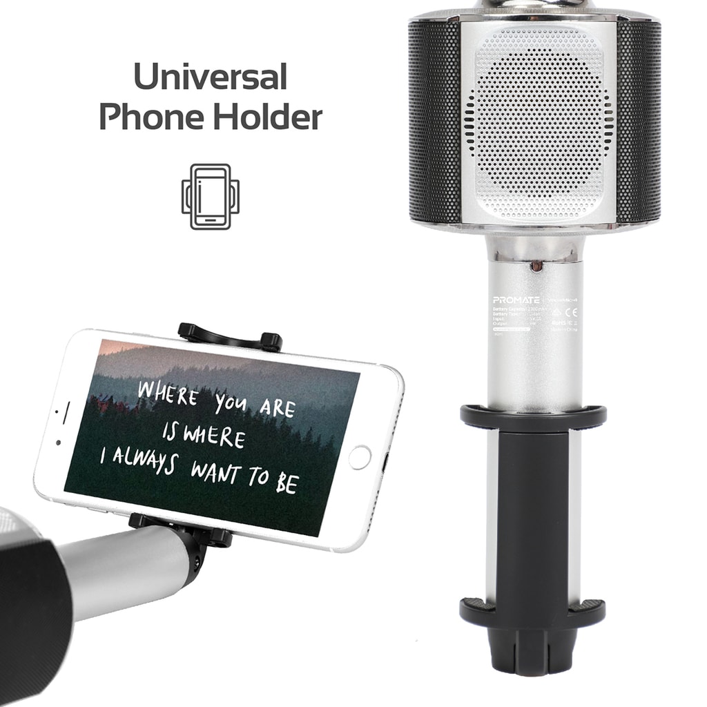 Promate Karaoke Microphone, 3-In-1 Wireless Microphone with Built-In 2200mAh Battery, Bluetooth Speaker, Cell Phone Holder, LED Light, Eco and Effects Function with USB Port, TF Card Slot, Audio Jack for Smartphones, Tablets, KTV, VocalMic-4 Silver