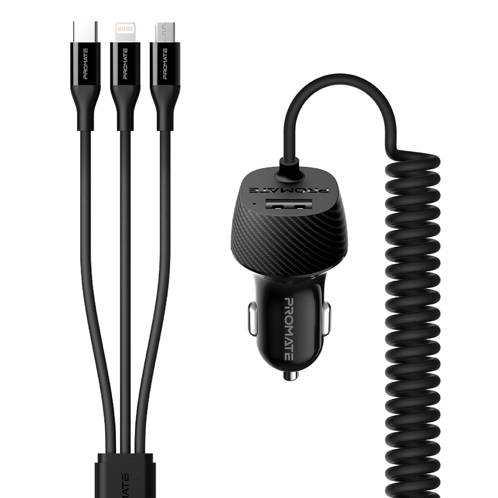 Promate USB Car Charger with Cord, Ultra-Compact 3.4A Quick Charger Adapter with Built-In 3-in-1 Splitter USB-C, Lightning, Micro-USB Charging Coiled Cable and 2.4A USB Port, for Smartphones, Tablets, GPS, VolTrip-UNI