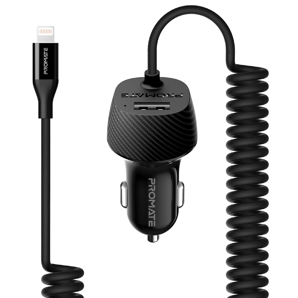 Promate Car Charger, Premium Carbon Fibre 3.4A Car Charger with Built-In Lightning Connector Coiled Cable and 2.4A Ultra-Fast USB Charging Port, Short-Circuit Protection for Smartphones, Tablets, GPS, VolTrip-i