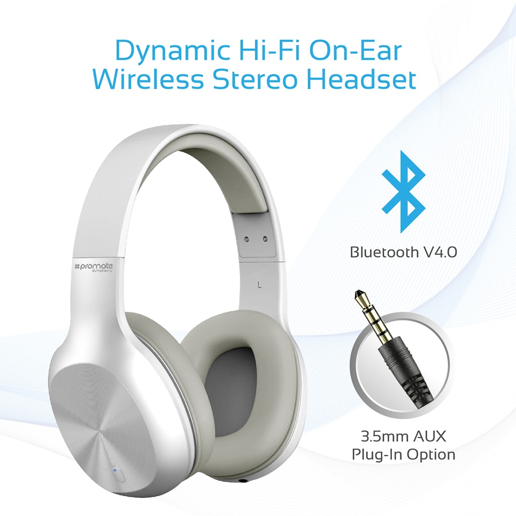 Promate Bluetooth Headphone, Over-Ear Hi-Fi Stereo Wireless Extendable Headset with Built-In Mic, Soft Earpads, Passive Noise Cancellation and Wired Mode for Laptop, Smartphones, TV, PC, Mp3, Symphony White