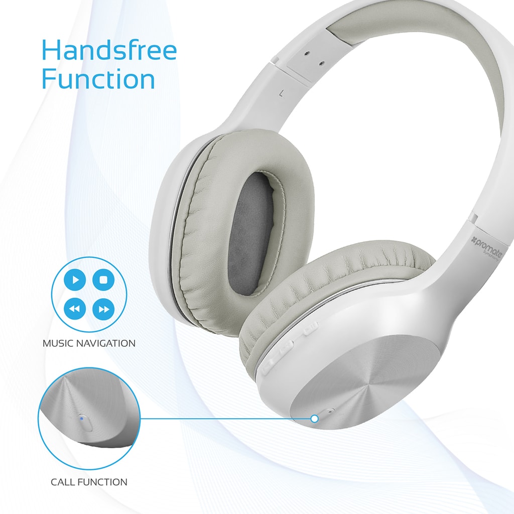 Promate Bluetooth Headphone, Over-Ear Hi-Fi Stereo Wireless Extendable Headset with Built-In Mic, Soft Earpads, Passive Noise Cancellation and Wired Mode for Laptop, Smartphones, TV, PC, Mp3, Symphony White