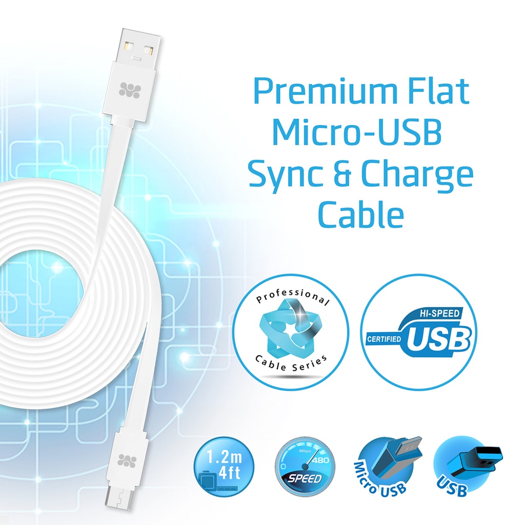 Promate Micro USB Cable, Premium Flat Micro USB Sync & Charge High Speed Cable for Android Smart Phones, Tablets, MP3 Players Linkmate-U2F-White