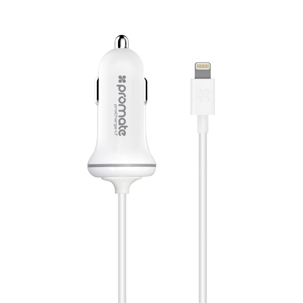 Promate iPhone Car Charger, Ultra Compact Apple MFi Certified 2.1A Car Charger with 3 Feet Lightning Connector Cable and Short-Circuit Protection for iPhone, iPad, iPod and Lightning Connector Devices, ProChargeLT White
