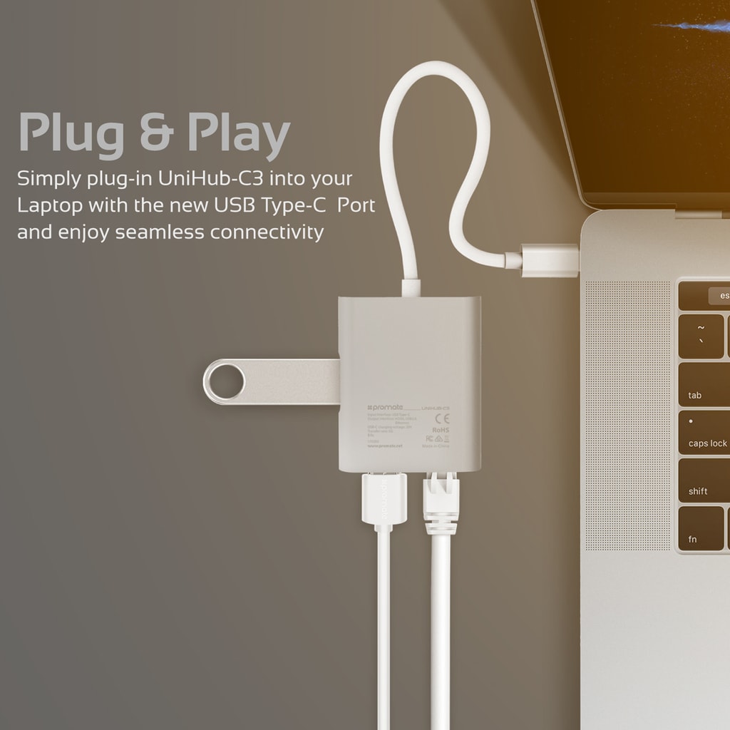 Promate USB-C Hub, 4 In 1 Aluminum Multi-Port Type-C Adapter with USB-C Pass-Through Charging, 4k HDMI Port, Gigabit Ethernet Port and USB 3.0 Port for MacBook Pro, Chromebook Pixel, Unihub-C3Grey