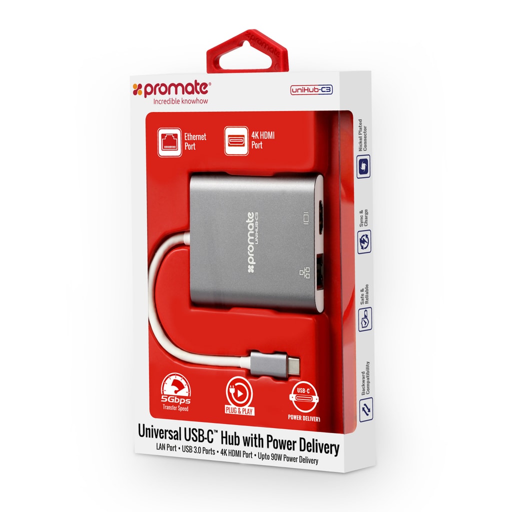 Promate USB-C Hub, 4 In 1 Aluminum Multi-Port Type-C Adapter with USB-C Pass-Through Charging, 4k HDMI Port, Gigabit Ethernet Port and USB 3.0 Port for MacBook Pro, Chromebook Pixel, Unihub-C3Grey