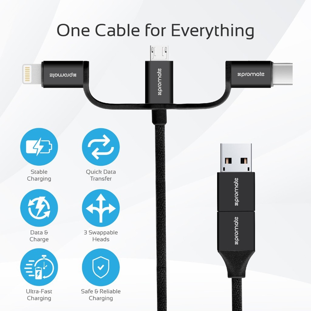 Promate Multi Charger Cable, Universal 3-In-1 Multiple USB Sync and Charging Adapter Cable with Lightning, USB Type-C, Micro USB Connectors Ports for iPhone X, Samsung Note 9, OnePlus 6, UniLink-Trio2 Black