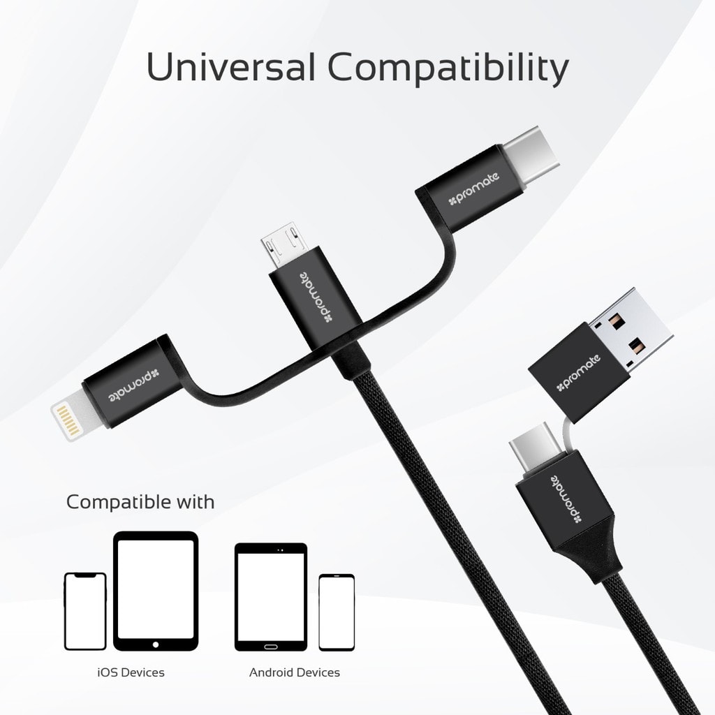 Promate Multi Charger Cable, Universal 3-In-1 Multiple USB Sync and Charging Adapter Cable with Lightning, USB Type-C, Micro USB Connectors Ports for iPhone X, Samsung Note 9, OnePlus 6, UniLink-Trio2 Black
