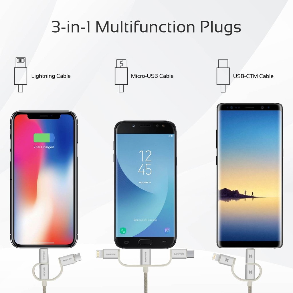 Promate Multi Charger Cable, Universal 3-In-1 Multiple USB Sync and Charging Adapter Cable with Lightning, USB Type-C, Micro USB Connectors Ports for iPhone X, Samsung Note 9, OnePlus 6, UniLink-Trio2 Silver